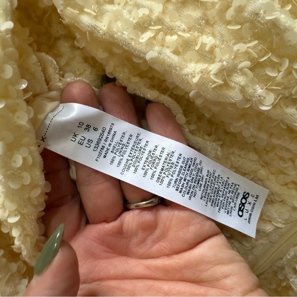 ASOS LUXE one shoulder asymmetric draped mini dress in yellow sequin - Picture 14 of 14